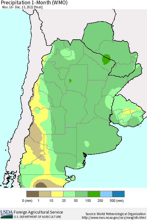 Southern South America Precipitation 1-Month (WMO) Thematic Map For 11/16/2022 - 12/15/2022