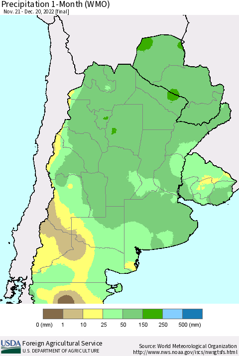 Southern South America Precipitation 1-Month (WMO) Thematic Map For 11/21/2022 - 12/20/2022