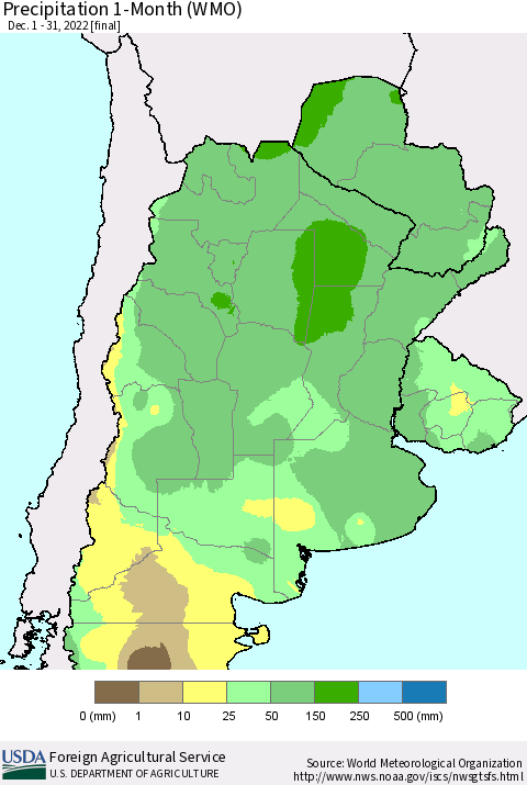 Southern South America Precipitation 1-Month (WMO) Thematic Map For 12/1/2022 - 12/31/2022