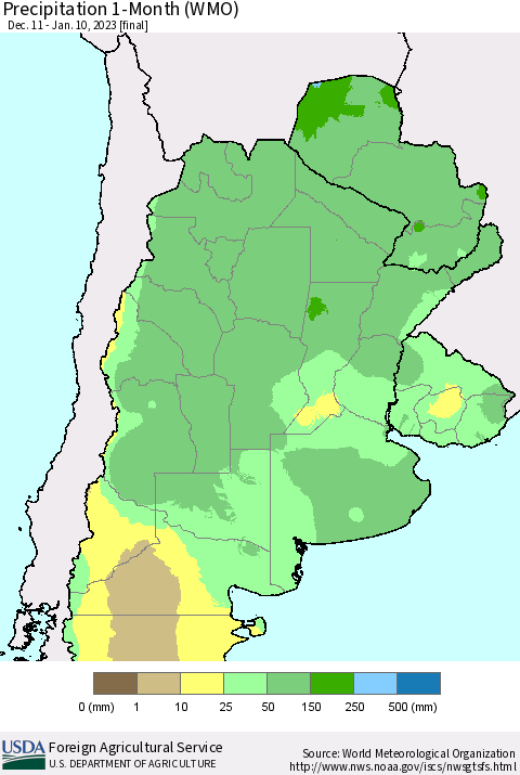 Southern South America Precipitation 1-Month (WMO) Thematic Map For 12/11/2022 - 1/10/2023