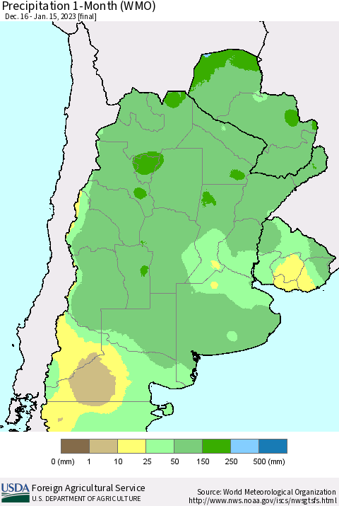 Southern South America Precipitation 1-Month (WMO) Thematic Map For 12/16/2022 - 1/15/2023