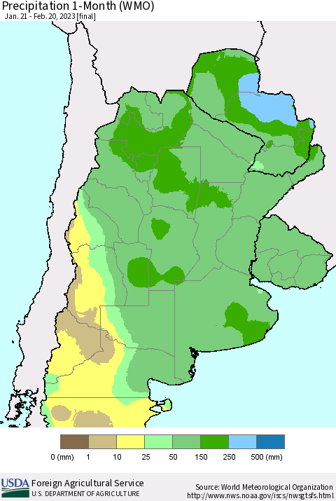 Southern South America Precipitation 1-Month (WMO) Thematic Map For 1/21/2023 - 2/20/2023