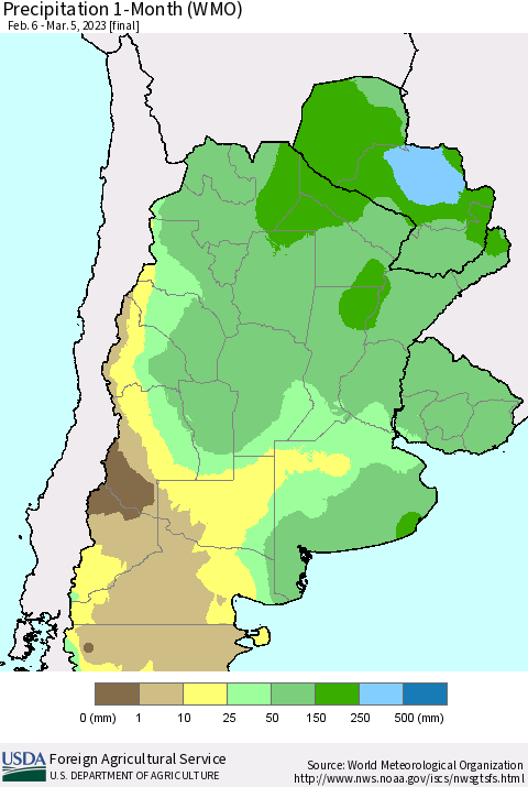 Southern South America Precipitation 1-Month (WMO) Thematic Map For 2/6/2023 - 3/5/2023