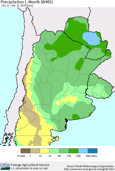 Southern South America Precipitation 1-Month (WMO) Thematic Map For 2/11/2023 - 3/10/2023