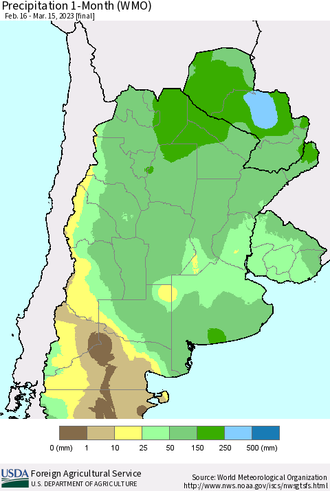 Southern South America Precipitation 1-Month (WMO) Thematic Map For 2/16/2023 - 3/15/2023
