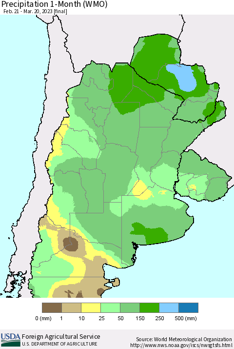 Southern South America Precipitation 1-Month (WMO) Thematic Map For 2/21/2023 - 3/20/2023