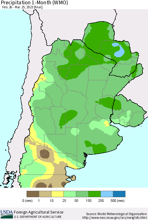 Southern South America Precipitation 1-Month (WMO) Thematic Map For 2/26/2023 - 3/25/2023