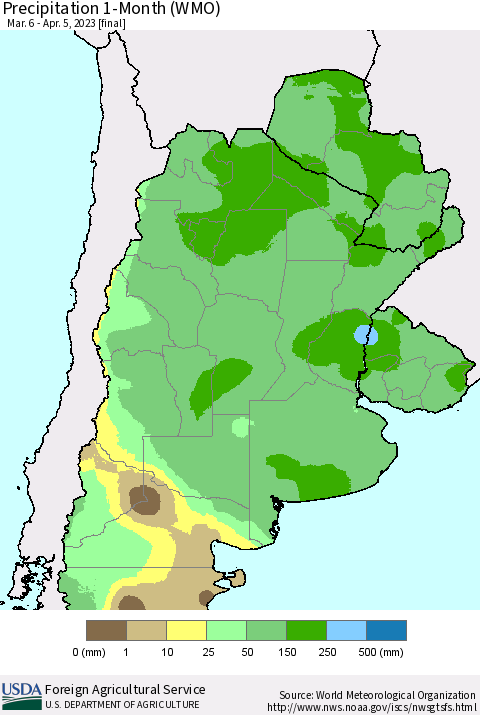 Southern South America Precipitation 1-Month (WMO) Thematic Map For 3/6/2023 - 4/5/2023