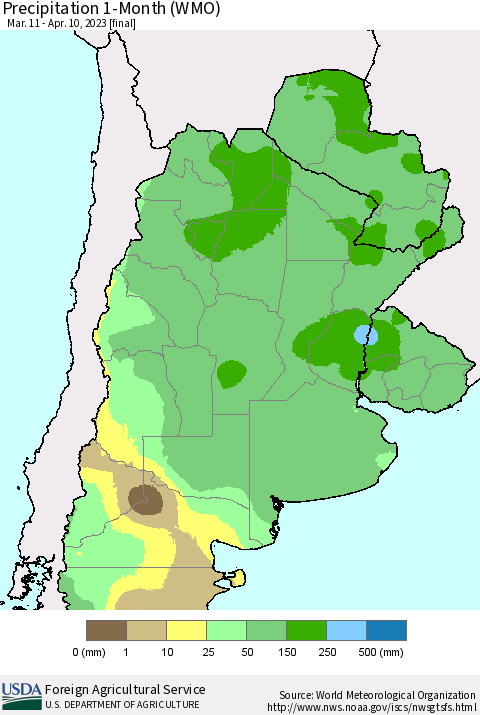 Southern South America Precipitation 1-Month (WMO) Thematic Map For 3/11/2023 - 4/10/2023