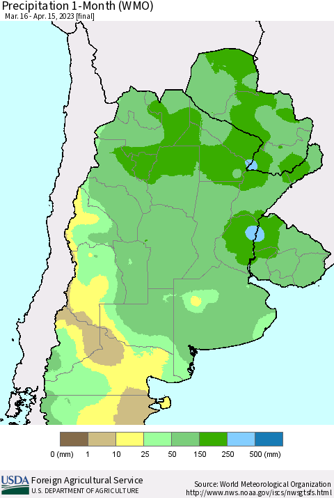 Southern South America Precipitation 1-Month (WMO) Thematic Map For 3/16/2023 - 4/15/2023