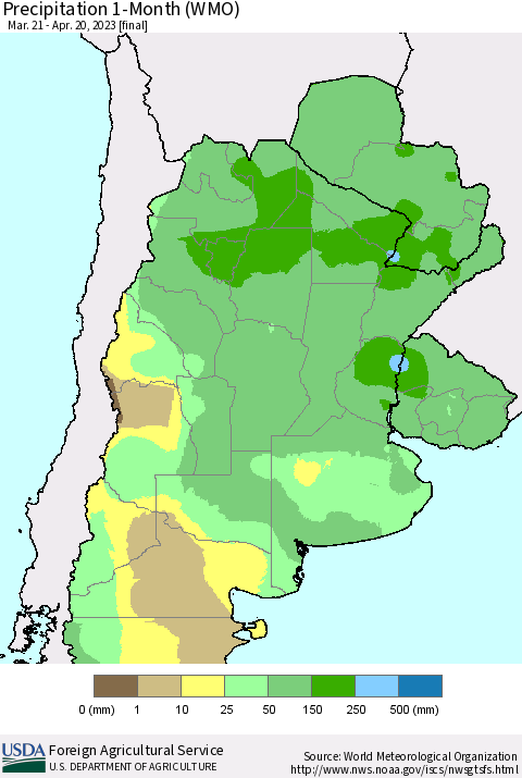 Southern South America Precipitation 1-Month (WMO) Thematic Map For 3/21/2023 - 4/20/2023