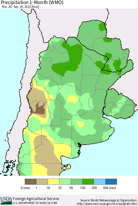 Southern South America Precipitation 1-Month (WMO) Thematic Map For 3/26/2023 - 4/25/2023