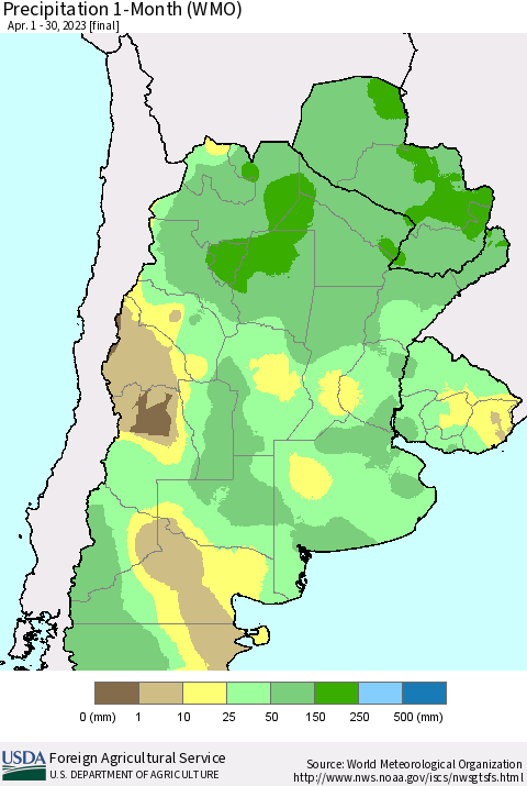 Southern South America Precipitation 1-Month (WMO) Thematic Map For 4/1/2023 - 4/30/2023