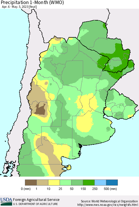 Southern South America Precipitation 1-Month (WMO) Thematic Map For 4/6/2023 - 5/5/2023