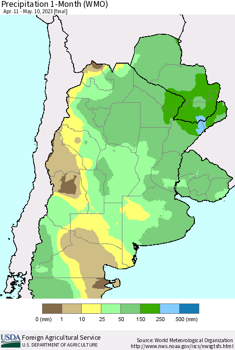 Southern South America Precipitation 1-Month (WMO) Thematic Map For 4/11/2023 - 5/10/2023