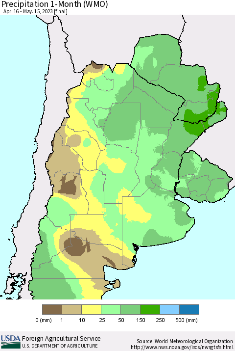 Southern South America Precipitation 1-Month (WMO) Thematic Map For 4/16/2023 - 5/15/2023