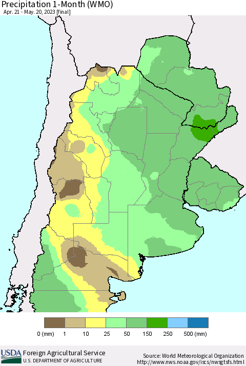 Southern South America Precipitation 1-Month (WMO) Thematic Map For 4/21/2023 - 5/20/2023