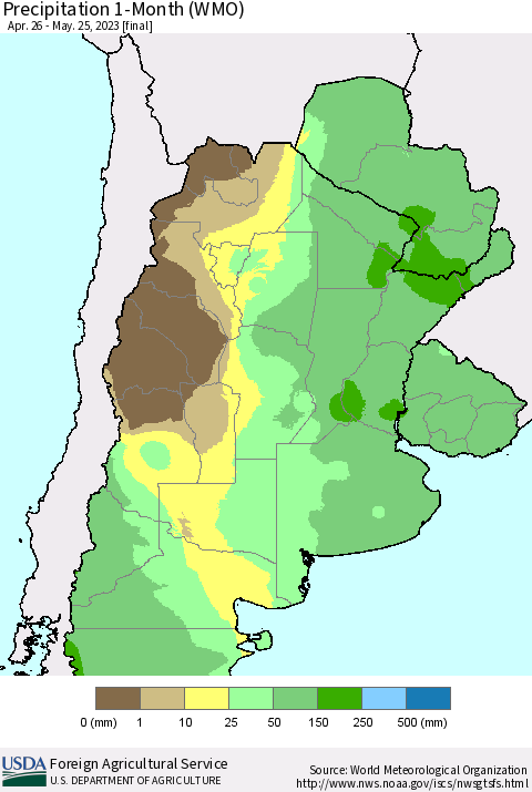 Southern South America Precipitation 1-Month (WMO) Thematic Map For 4/26/2023 - 5/25/2023