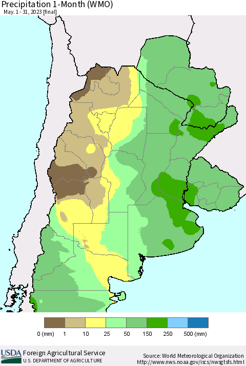 Southern South America Precipitation 1-Month (WMO) Thematic Map For 5/1/2023 - 5/31/2023