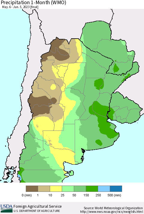 Southern South America Precipitation 1-Month (WMO) Thematic Map For 5/6/2023 - 6/5/2023