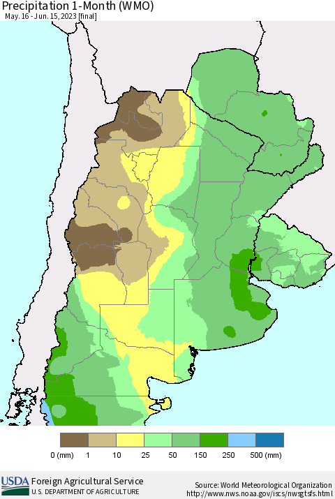 Southern South America Precipitation 1-Month (WMO) Thematic Map For 5/16/2023 - 6/15/2023