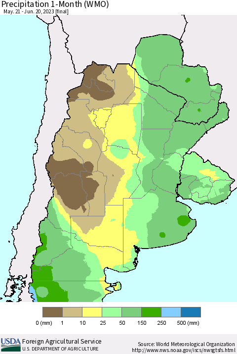Southern South America Precipitation 1-Month (WMO) Thematic Map For 5/21/2023 - 6/20/2023