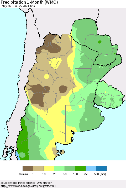 Southern South America Precipitation 1-Month (WMO) Thematic Map For 5/26/2023 - 6/25/2023