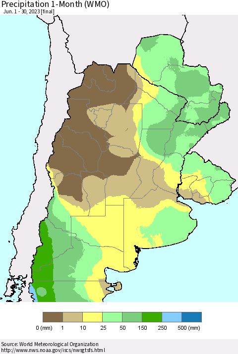 Southern South America Precipitation 1-Month (WMO) Thematic Map For 6/1/2023 - 6/30/2023