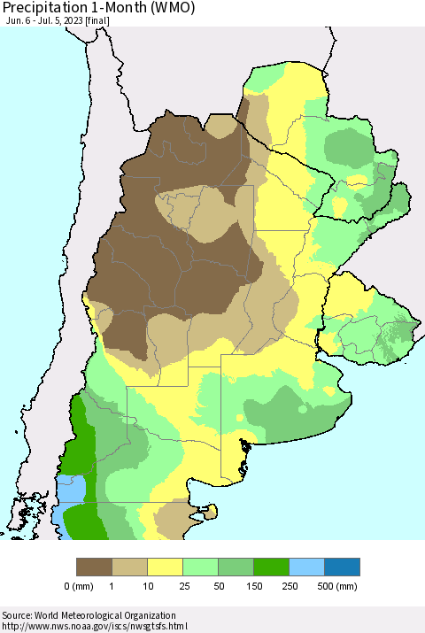Southern South America Precipitation 1-Month (WMO) Thematic Map For 6/6/2023 - 7/5/2023