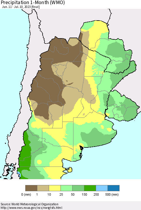 Southern South America Precipitation 1-Month (WMO) Thematic Map For 6/11/2023 - 7/10/2023