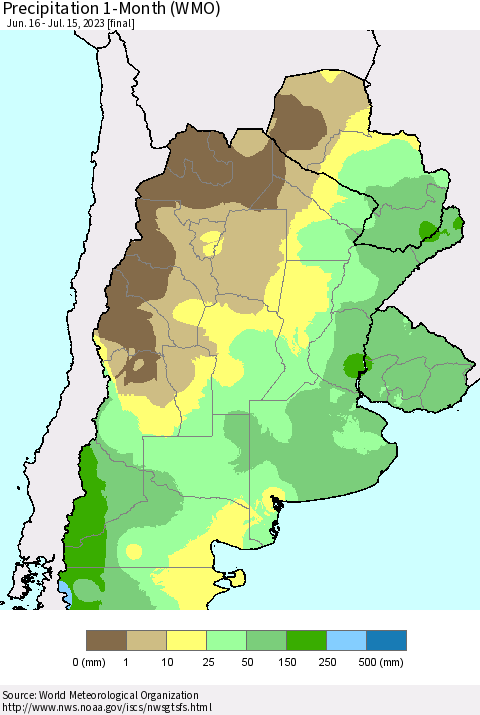 Southern South America Precipitation 1-Month (WMO) Thematic Map For 6/16/2023 - 7/15/2023