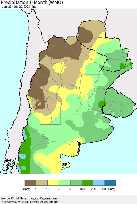 Southern South America Precipitation 1-Month (WMO) Thematic Map For 6/21/2023 - 7/20/2023