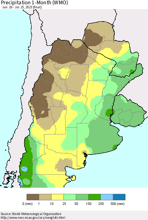 Southern South America Precipitation 1-Month (WMO) Thematic Map For 6/26/2023 - 7/25/2023