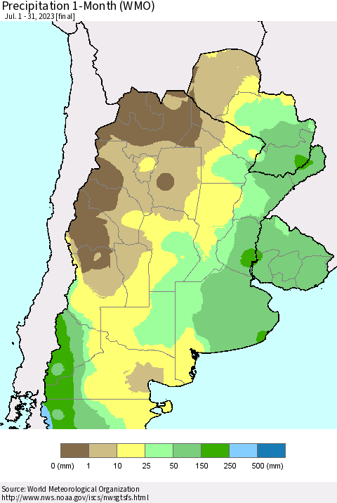 Southern South America Precipitation 1-Month (WMO) Thematic Map For 7/1/2023 - 7/31/2023
