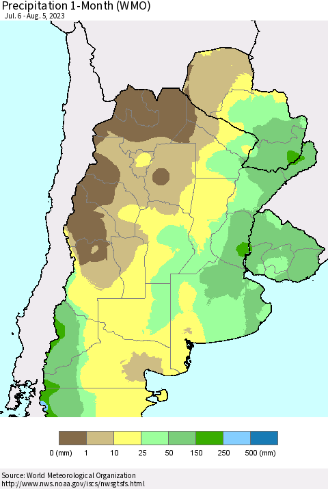 Southern South America Precipitation 1-Month (WMO) Thematic Map For 7/6/2023 - 8/5/2023