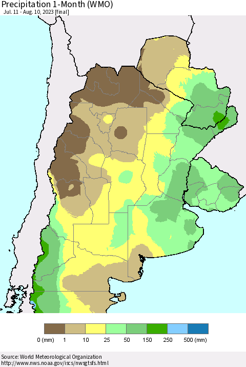 Southern South America Precipitation 1-Month (WMO) Thematic Map For 7/11/2023 - 8/10/2023
