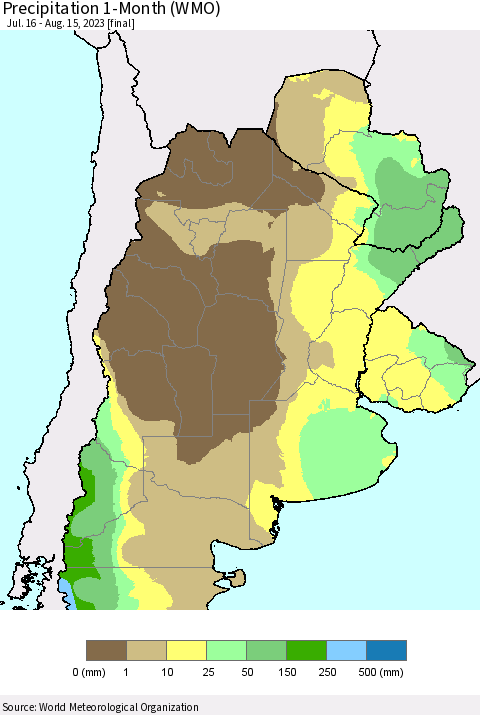 Southern South America Precipitation 1-Month (WMO) Thematic Map For 7/16/2023 - 8/15/2023