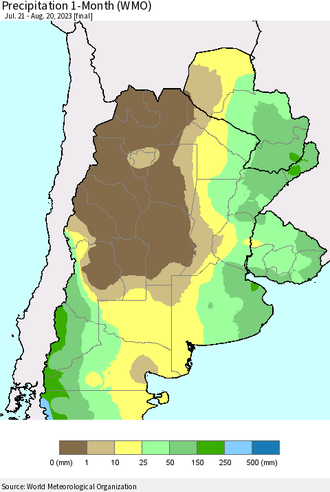 Southern South America Precipitation 1-Month (WMO) Thematic Map For 7/21/2023 - 8/20/2023