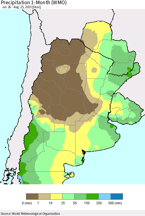 Southern South America Precipitation 1-Month (WMO) Thematic Map For 7/26/2023 - 8/25/2023