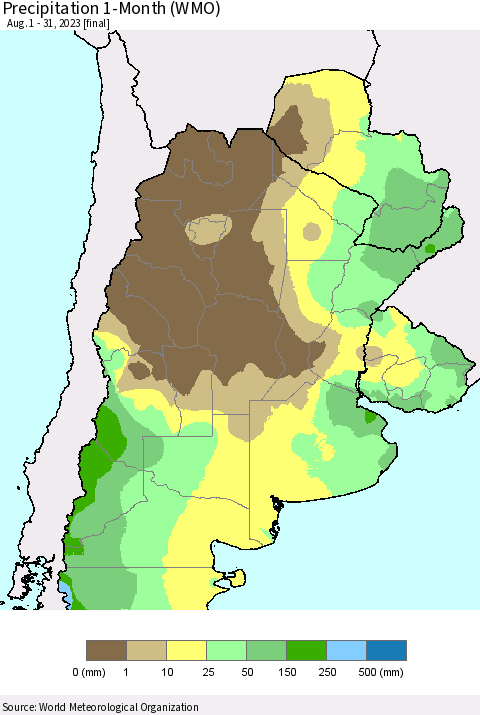 Southern South America Precipitation 1-Month (WMO) Thematic Map For 8/1/2023 - 8/31/2023
