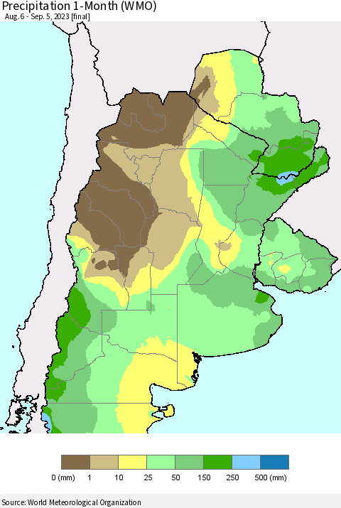 Southern South America Precipitation 1-Month (WMO) Thematic Map For 8/6/2023 - 9/5/2023