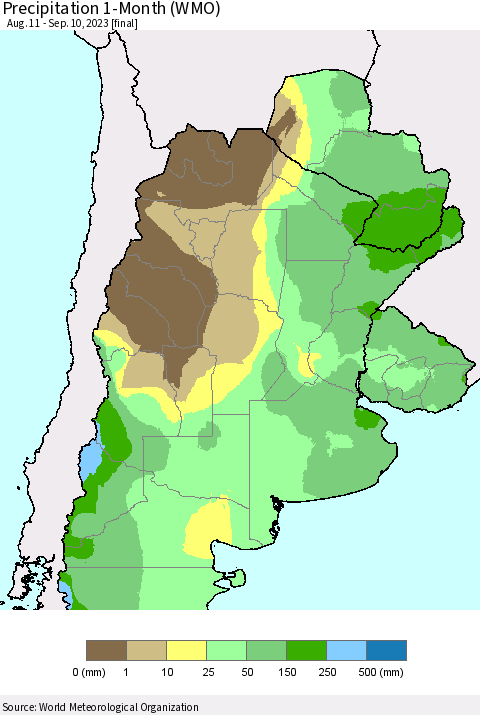 Southern South America Precipitation 1-Month (WMO) Thematic Map For 8/11/2023 - 9/10/2023