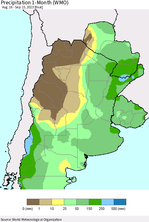Southern South America Precipitation 1-Month (WMO) Thematic Map For 8/16/2023 - 9/15/2023