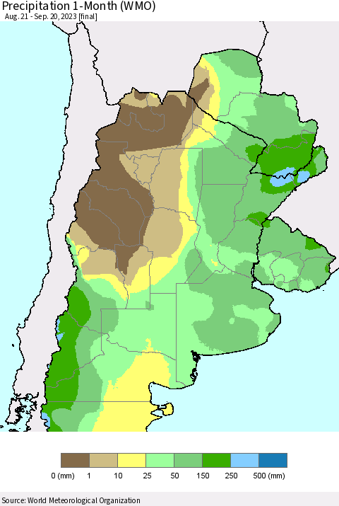 Southern South America Precipitation 1-Month (WMO) Thematic Map For 8/21/2023 - 9/20/2023