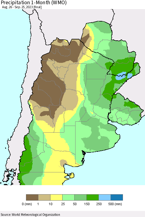 Southern South America Precipitation 1-Month (WMO) Thematic Map For 8/26/2023 - 9/25/2023
