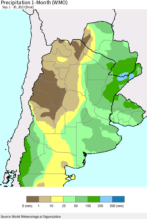 Southern South America Precipitation 1-Month (WMO) Thematic Map For 9/1/2023 - 9/30/2023
