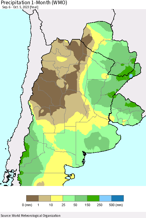 Southern South America Precipitation 1-Month (WMO) Thematic Map For 9/6/2023 - 10/5/2023