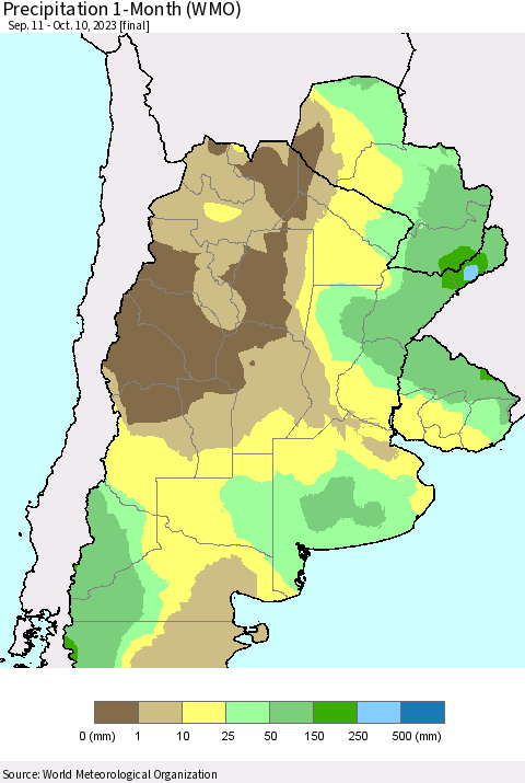 Southern South America Precipitation 1-Month (WMO) Thematic Map For 9/11/2023 - 10/10/2023