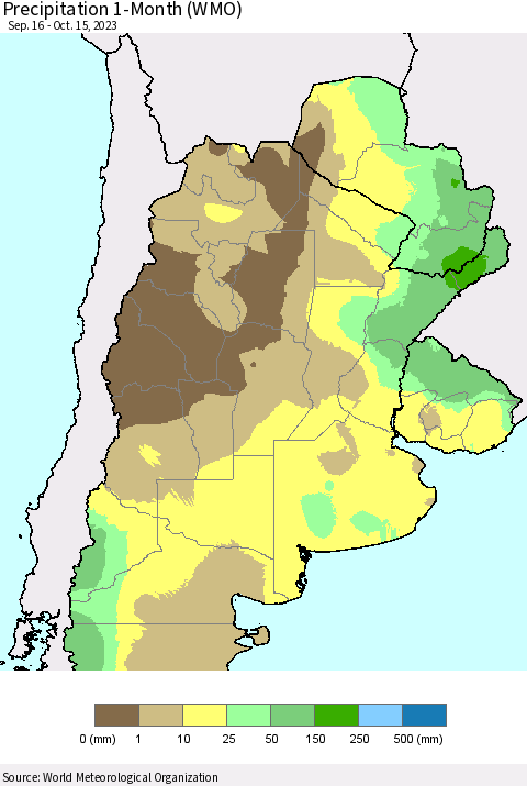 Southern South America Precipitation 1-Month (WMO) Thematic Map For 9/16/2023 - 10/15/2023