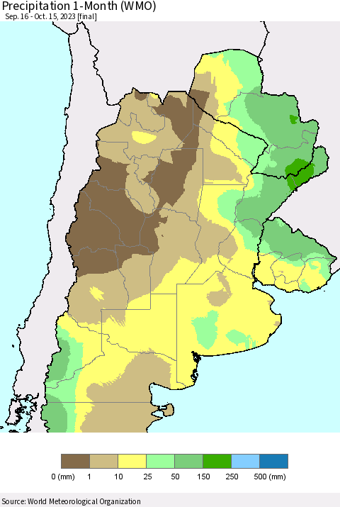 Southern South America Precipitation 1-Month (WMO) Thematic Map For 9/16/2023 - 10/15/2023